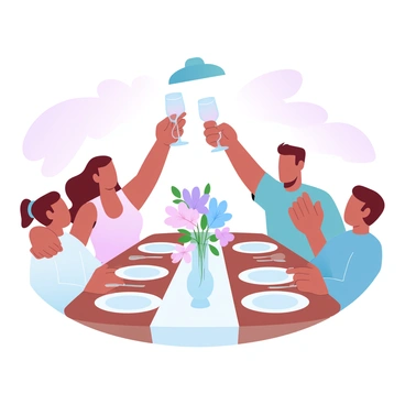 A family of four is gathered around a wooden dining table, engaging in a cheerful toast. Each family member is holding a glass raised in celebration. The table is adorned with a white tablecloth and set with plates and cutlery. In the center of the table, there is a vibrant floral arrangement in a clear vase. Soft pastel colors fill the surroundings, creating a warm atmosphere. The family members are dressed in casual attire, with two adults and two children, all exuding a sense of togetherness and joy. A light source above casts a gentle glow over the scene.