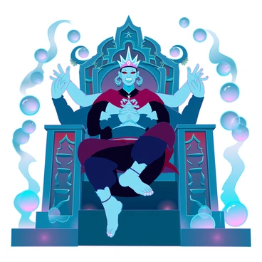 Sukuna, a menacing figure with four arms and an elaborate, ornate crown, sits on a grand, intricately carved throne. His expression is fierce, with glowing red eyes that pierce through the darkness. The throne is surrounded by a dark, mystical realm filled with floating objects, including ancient artifacts and shimmering orbs that emit a faint luminescent glow. Shadows dance around him, and the atmosphere is thick with an eerie mist that swirls around the throne, enhancing the otherworldly ambiance. The background features abstract shapes and ethereal lights, creating a surreal contrast to Sukuna's imposing presence.