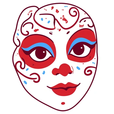 A face with intricate designs painted in red and blue colors, resembling a carnival theme. The face features bold patterns, including swirls and stars that catch the eye. Around the eyes, there are bright blue accents that enhance the expressions, while the lips are painted in a striking red hue, adding vibrancy. Additional decorations, such as glitter and small gems, are placed across the cheeks, contributing to the festive look. The background is softly blurred to keep the focus on the colorful face.