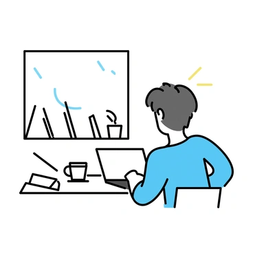 A person working on a laptop in a coffee shop, surrounded by notebooks and a cup of coffee