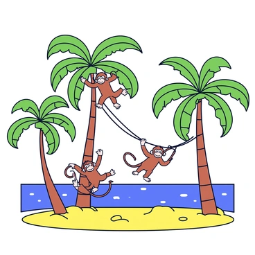 A tropical island with lush green palm trees swaying gently in the breeze. Bright sunlight filters through the leaves, casting playful shadows on the sandy ground. Several monkeys are energetically swinging from branch to branch, showcasing their playful nature. In the background, the clear blue ocean sparkles under the sun, completing the vibrant scene.