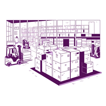 A large warehouse is filled with numerous stacked boxes arranged neatly. The boxes are of various sizes and shapes, some are labeled clearly while others have blank surfaces. The warehouse has wide aisles for easy movement, and there are large windows allowing ample light to fill the space. In the background, there are industrial shelves holding additional supplies. A few forklifts are positioned around, ready to transport the boxes for distribution. The atmosphere is busy and organized, showcasing a hub of activity.