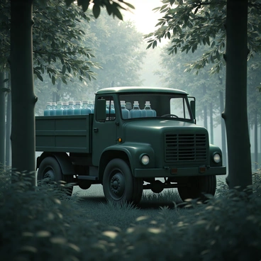 A large, rugged truck, painted in dark green, is partially obscured by dense, leafy trees in a thick forest. The truck's cargo area is filled with numerous glass jars, filled with clear liquid, reflecting light softly. The surroundings are filled with tall trees and underbrush, creating a sense of seclusion. Sunlight filters through the leaves, casting dappled shadows on the truck, while a gentle fog clings to the ground, enhancing the enigmatic atmosphere of the scene.