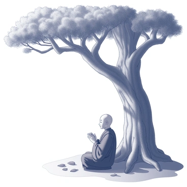 A monk sitting in a meditative posture under a large, ancient tree. The monk is wearing traditional robes, with hands resting gently on his knees. The tree has a thick trunk with deep grooves and sprawling branches, creating a natural canopy overhead. Leaves are scattered on the ground around the monk, and the sun filters through the branches, casting dappled shadows. The environment appears serene and tranquil, with the monk's focus inward, embodying a sense of calm and stillness.