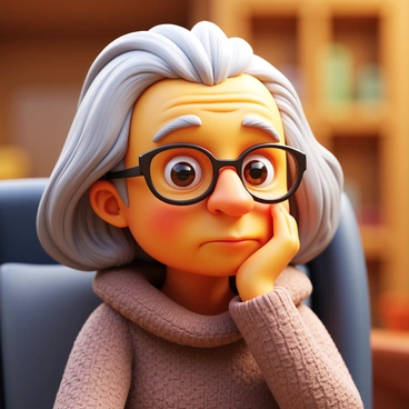 A detailed portrait of an elderly person with silver hair and deep wrinkles, sitting in a thoughtful pose. The person's eyes are gazing in contemplation, reflecting wisdom and experience. They are wearing a cozy, knitted sweater in muted colors, and glasses rest gently on their nose. The background includes soft, blurred elements that suggest a warm, inviting environment. The lighting is soft and warm, highlighting the features of the face and emphasizing the expressiveness of their gaze.