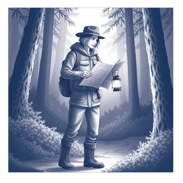 An explorer stands in a dark, overgrown forest. The explorer is wearing a rugged, weathered outfit suitable for outdoor adventures, complete with a backpack and sturdy boots. In one hand, they hold a lantern that emits a soft glow, illuminating their face and surroundings. The other hand is grasping an old, worn map, which they are studying intently. The forest is dense with tall trees, thick foliage, and tangled undergrowth, creating a mysterious atmosphere. Distant shadows loom, hinting at the secrets hidden within the depths of the forest.