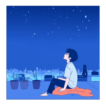 Ayanokoji is sitting on the edge of a rooftop, gazing up at the night sky. He has dark hair that slightly flutters in the gentle breeze. The stars are bright and numerous, twinkling against a deep blue backdrop. The rooftop has a few scattered potted plants and a soft, orange blanket draped beside him. The city lights from below create a warm glow, contrasting with the cold blue of the night. Ayanokoji's expression is calm and contemplative as he takes in the vastness of the universe above.