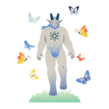 A Baphomet figure with a humanoid body and goat-like head is positioned at the center of the image. The figure has intricate details, including pentagrams and various occult symbols etched on its body. Surrounding Baphomet are numerous fluttering butterflies in vibrant colors, such as blue, yellow, and red. The butterflies are in various stages of flight, adding a sense of movement to the scene. The ground beneath Baphomet is a soft, grassy texture, enhancing the natural setting of the image.