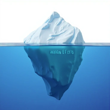 A large iceberg floats majestically in the deep blue ocean. The visible part of the iceberg is white and glistening, reflecting sunlight, while the submerged portion is partially visible beneath the water, showcasing a massive, textured structure that hints at its size. Below the waterline, the submerged part of the iceberg is labeled with the words "hidden ETF assets" in bold, clear font, indicating the hidden depths of its total mass. The surrounding ocean is calm, with gentle ripples around the base of the iceberg, creating a serene contrast to the towering ice above.