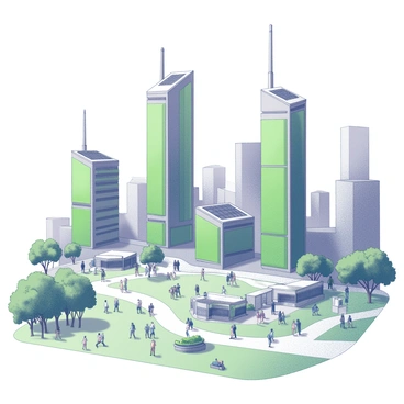 A futuristic cityscape featuring tall, sleek buildings with a predominance of green surfaces integrated into their architecture. Many of these buildings are equipped with solar panels on their rooftops. The scene includes several parks that are vibrant and populated, with diverse groups of people interacting, walking, and enjoying recreational activities outdoors. There are trees and landscaped areas throughout the park, contributing to a lively atmosphere. Paths wind through the greenery, leading to benches where individuals can relax.