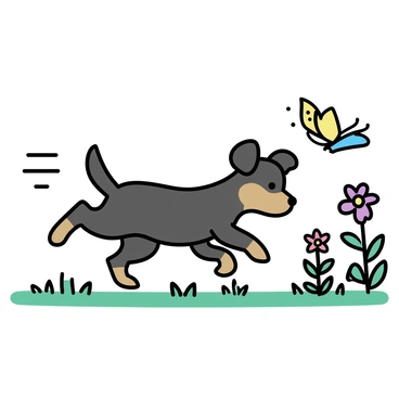 A playful rottweiler puppy with shiny black and brown fur, its ears perked up and tail wagging, is chasing a colorful butterfly in a lush green garden. The garden is filled with blooming flowers in various colors, including red, yellow, and purple. The puppy is leaping forward with its front legs stretched out, while the butterfly, with delicate wings showcasing vibrant patterns, flutters just above the ground. Sunlight filters through the leaves of nearby trees, casting dappled shadows on the grass.