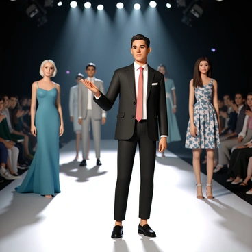 A stylish host, wearing a sleek black suit with a crisp white shirt and a vibrant red tie, stands confidently at the center of a runway. The host gestures towards a group of models who are showcasing high-fashion outfits, including a striking blue gown, a tailored grey suit, and a bold patterned dress. Bright stage lights illuminate the runway, casting dramatic shadows, while the audience is visible in the background, captivated by the presentation. The atmosphere is energetic and dynamic, with flashes from cameras capturing the moment.