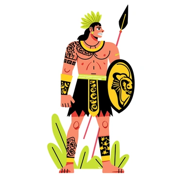 A fierce Aztec warrior stands confidently, wearing a jaguar-inspired outfit that features intricate patterns in shades of black and gold. The warrior has a feathered headdress adorned with vibrant green and yellow feathers. His muscular arms are decorated with tribal tattoos, and he holds a decorated spear in one hand. His fierce expression, framed by a backdrop of lush jungle foliage, reflects determination and strength, ready for battle. A shield with jaguar motifs hangs on his side, completing his imposing presence.