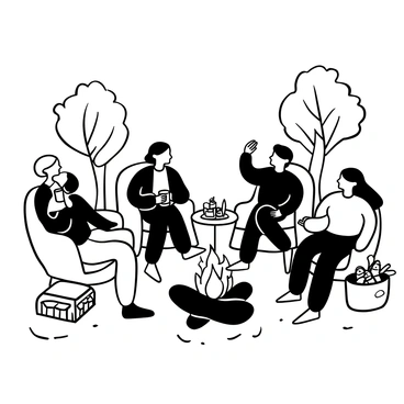 A group of friends sitting on comfortable chairs around a fire pit, with flames dancing in the center. The friends are engaged in conversation, some holding mugs, while others lean in to listen. There are blankets draped over the chairs, and a few soft cushions scattered on the ground. Nearby, a small table holds snacks and drinks. The surrounding area is illuminated by the warm glow of the fire, creating a cozy atmosphere. A few trees can be seen in the background, with leaves gently rustling in the evening breeze.