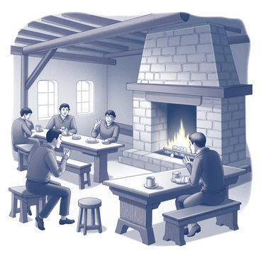 A medieval inn interior filled with wooden beams and stone walls. Several travelers are seated on rustic benches and stools, engaged in lively conversation. One traveler is animatedly gesturing with his hands, while another leans in with a focused expression. A large, roaring fire crackles in the stone fireplace, casting flickering shadows on the faces of the patrons. Wooden tables are cluttered with mugs and plates, suggesting a warm atmosphere filled with camaraderie and shared stories.