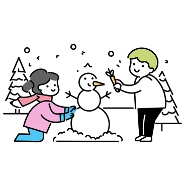 Two children are building a snowman in a bright, snowy landscape. The first child, a girl with pigtails, is packing snow to form the snowman's body. She is wearing a red scarf and blue mittens. The second child, a boy with a green hat, is placing a carrot on the snowman's face. Snowflakes are gently falling from the sky, and the ground is covered with a thick layer of fresh snow. In the background, there are snow-covered trees creating a wintery scene.