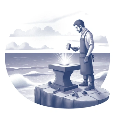 A lone blacksmith stands at an anvil on a rocky cliff. The blacksmith is wearing a leather apron and protective gloves, with sweat glistening on their brow from the heat of the forge. The anvil is surrounded by various tools, including hammers and tongs, and sparks fly as the blacksmith strikes a glowing piece of metal with a hammer. In the background, the ocean stretches out, with waves crashing against the cliffside, creating a dramatic contrast. The sky above is filled with dynamic cloud formations, hinting at an approaching storm.