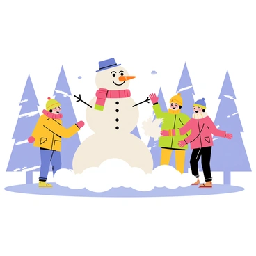 A group of three children dressed in colorful winter coats and hats are building a snowman in a winter landscape. The snowman is large, with a carrot nose, coal eyes, and a scarf wrapped around its neck. The background features several snow-covered trees, creating a serene atmosphere. The children are laughing and playfully tossing snow at each other, adding to the joyful scene. Fluffy white snow blankets the ground, glistening in the light.