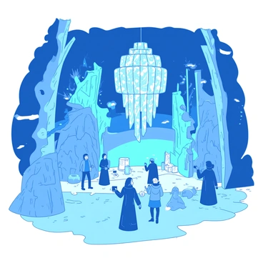 A blue ice hotel interior features towering ice sculptures that glisten in the light. The sculptures depict various enchanting figures, including a majestic ice dragon and a graceful ice queen, intricately carved with fine details. The walls of the hotel are made entirely of ice, reflecting a soft glow from embedded lights, creating patterns on the floor. In the center of the scene, a large ice chandelier hangs, composed of crystalline ice and illuminating the space below. Guests in winter attire can be seen admiring the sculptures and taking photographs, adding a sense of life to the breathtaking environment.