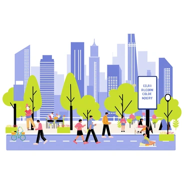 A clear blue sky above a bustling city filled with tall buildings and busy streets. The skyline features a mix of modern skyscrapers and classic architecture. People are seen walking on sidewalks, with some riding bicycles and others enjoying outdoor cafes. Lush green trees line the streets, and colorful flowerbeds add vibrancy to the urban environment. Billboards display messages about clean air initiatives, emphasizing the importance of maintaining a healthy atmosphere for the city’s residents.