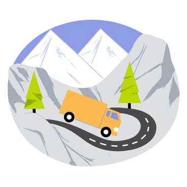 A brown truck driving along a winding road in a narrow mountain pass. The road curves sharply through the rocky terrain. Snow-capped peaks rise majestically in the background, reflecting sunlight. Pine trees line the sides of the road, adding greenery to the scene. A clear blue sky contrasts with the snowy mountains, creating a vibrant atmosphere.