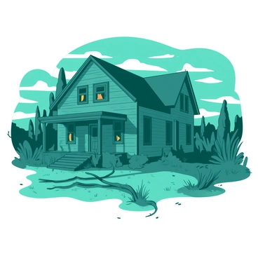 A teal abandoned house stands alone in a desolate landscape under a darkening sky. The house has a weathered exterior with peeling paint and broken shutters. "Flickering lights" are visible in the windows, casting an unsettling glow on the surrounding area. Tall, overgrown grasses sway in the breeze, and a few scattered, twisted branches lay on the ground. The entire scene conveys a sense of neglect and mystery.