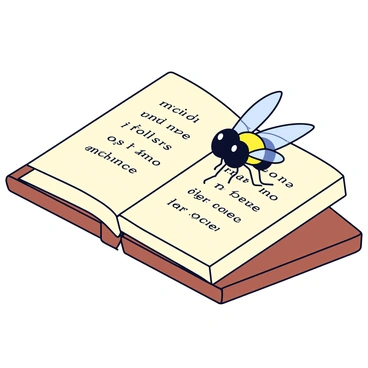 A small fly with shiny black wings is sitting on an open book. The pages of the book are cream-colored and display printed text in a neat serif font. The fly is positioned close to the words, appearing to inspect them with its large, multifaceted eyes. The book is resting on a wooden table with a smooth surface, and a soft light illuminates the scene, highlighting the details of the fly and the text on the pages.