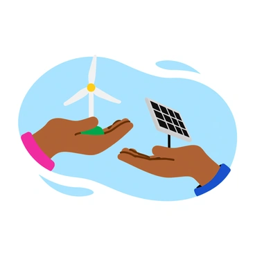 Two hands are holding miniature models of clean energy sources. One hand is delicately supporting a small wind turbine with spinning blades, while the other hand is displaying a tiny solar panel reflecting light. The wind turbine is designed with a sleek, modern look, and the solar panel features distinct grid patterns. Both models are vibrant in color, representing renewable energy with a backdrop of a light blue sky. The hands are positioned at a slight angle to showcase both models prominently.