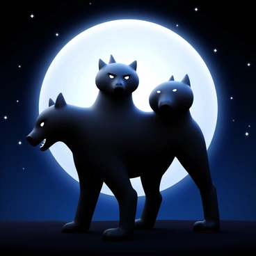 The silhouette of "Cerberus" with three heads stands against a "full moon" in the night sky. The moonlight casts a faint glow that outlines the "menacing profile" of the three-headed beast. The creature's "sharp teeth" and "intimidating eyes" are subtly visible, enhancing its fearsome appearance. The background features a dark, starry sky that contrasts with the brightness of the moon.