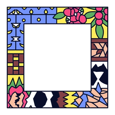 A square frame with intricate designs showcasing traditional patterns from different cultures. The top section of the frame features a repeating geometric pattern inspired by Middle Eastern art, with vibrant blues and golds. The left side displays a floral motif influenced by Indian textile designs, featuring bold reds and greens. The right side includes a weaving pattern reminiscent of Native American craftsmanship, with earthy tones of brown and beige. The bottom section showcases African tribal patterns with striking contrasts of black and white. Each section seamlessly merges into the next, creating a harmonious celebration of cultural diversity.