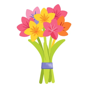 A hand-tied bouquet of multicolored gladiolus flowers, showcasing vibrant shades of pink, yellow, orange, and purple. The stems of the flowers are neatly gathered together. The bouquet is wrapped in a shiny, soft ribbon that spirals around the base, with the ends of the ribbon elegantly cascading down. The background features a subtle hint of greenery, enhancing the bouquet's colorful appearance.