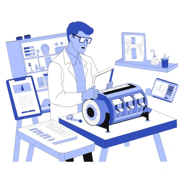 An engineer in a lab coat analyzing a high-tech car engine in a laboratory setting