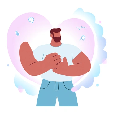 A person is clutching their chest with one hand while the other hand is raised, palm facing outward, in a gesture that symbolizes a warning. The individual is wearing a simple t-shirt and jeans, standing against a gradient pastel background that transitions from soft pink to light blue. Behind the person, a large heart shape is depicted, colored in pastel shades, emphasizing the theme of heart health. Various small icons representing heart monitoring, like a stethoscope and an electrocardiogram line, surround the heart shape.