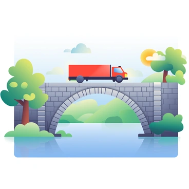A red truck is driving across a large, majestic stone bridge that spans a wide river. The bridge features ornate stonework and arches, showcasing its historic design. Below, the river flows calmly, reflecting the blue sky and surrounding greenery. On either side of the bridge, there are lush trees with vibrant leaves, enhancing the scenic atmosphere. The truck is positioned towards the center of the bridge, with its headlights on, suggesting a late afternoon journey. The sun casts warm light on the scene, creating a harmonious balance between the truck and the bridge.