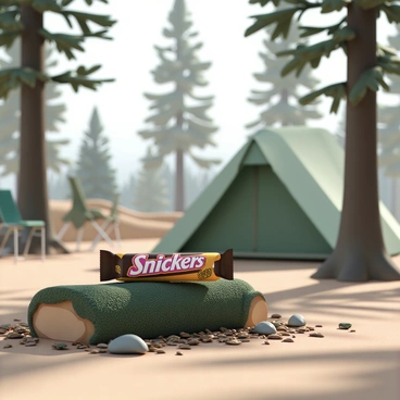 A Snickers bar placed on a log at a campsite with a tent in the background.