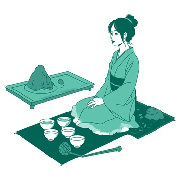 A teal woman named Kanako is seated gracefully on a tatami mat, participating in a tea ceremony. She wears a delicate kimono with intricate patterns. Around her, there are several white traditional teacups arranged neatly on a low wooden table. In the background, a carefully raked zen garden features smooth pebbles and a few strategically placed rocks. A small bamboo tea whisk lies beside the teacups, and the atmosphere reflects tranquility.