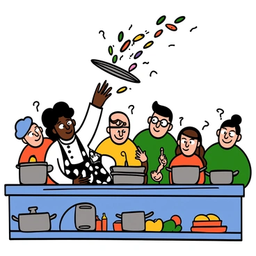 A chef with light skin and curly black hair wearing a white chef's jacket and a checkered apron is dropping a plate. The plate is flying through the air, with food spilling out in various directions. Around the chef, a diverse group of onlookers, including a man with glasses and a woman with long brown hair, are watching with surprised expressions. Some of the onlookers have raised eyebrows, and others are smirking, suggesting they believe the chef is clumsy. The kitchen is filled with pots and pans, with a few colorful ingredients scattered around.