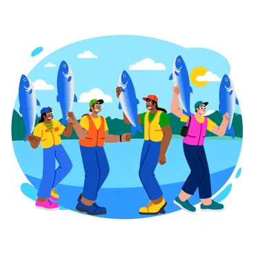 A group of excited participants at a fishing competition stands proudly, displaying their catches of blue fish. Each person holds up a large, vibrant blue fish with shiny scales, showcasing their successful haul. The participants wear colorful fishing vests and hats, with smiles on their faces. The background features a serene lake and a bright blue sky, creating a lively atmosphere around the event. Sunlight glimmers on the water's surface, adding to the cheerful scene of camaraderie and competition.