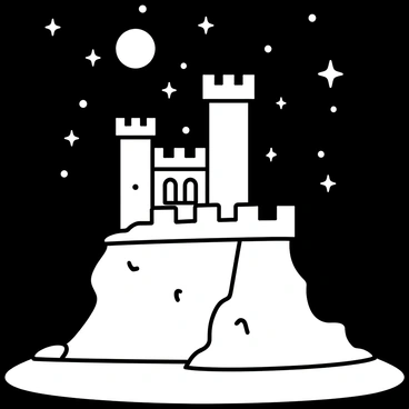 A tall castle, featuring multiple towers and battlements, is perched on a rocky cliff. The castle has large arched windows, with some lit from within. Below, the sea sparkles under the moonlight, reflecting the stars above. The night sky is filled with numerous stars, creating a bright contrast against the dark background.