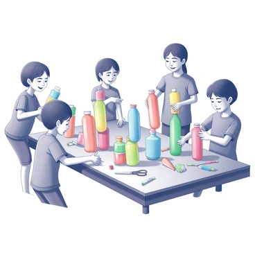A classroom filled with children actively engaged in a creative art project. Several children are gathered around a large table, shaping and assembling colorful plastic bottles and caps into various sculptures. One child is stacking bottles to create a tall structure, while another is carefully attaching caps with glue to form intricate designs. Materials like scissors, glue, and markers are scattered across the table, showcasing their artistic process. The atmosphere is lively, with smiles on the children's faces as they collaborate and share ideas on their projects.