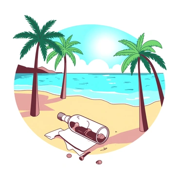 A tranquil scene of a picturesque deserted beach with gentle waves lapping at the shore. In the foreground, several palm trees with green fronds sway slightly in the warm breeze. Among the golden sand, there is a clear glass bottle lying with its cork popped off, revealing a rolled-up piece of parchment inside. The sunlight sparkles on the water as it meets the horizon, creating a serene ambiance. The overall atmosphere suggests a sense of isolation and mystery.