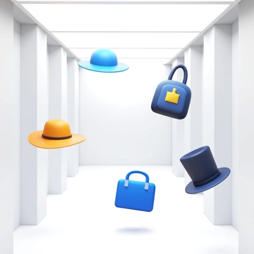 A collection of "hats" and "bags" floating freely in a "zero-gravity room". The hats vary in style, including a "wide-brimmed sun hat", a "baseball cap", and a "top hat". The bags include a "backpack", a "handbag", and a "messenger bag", all suspended in mid-air. The room features smooth, clean walls with a sleek design, enhancing the zero-gravity effect. Light reflects off the surfaces, creating a bright and airy atmosphere.