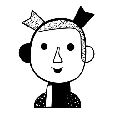A collage featuring a simple face created from various cut-out paper shapes. The face consists of a large circular shape as the head, with two smaller circles for the ears placed on either side. There are two triangular shapes representing the hair on the top of the head, and a rectangular shape for the neck below. The facial features include a large semicircle for the outline of the mouth and two small circles for the eyes, arranged symmetrically on the head. The entire composition is filled with black and white patterns and textures, creating a unique visual contrast.