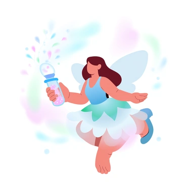 A tiny fairy with delicate wings is holding an ampoule filled with a sparkling magical potion. The ampoule glows with vibrant colors, radiating a soft light. The fairy is dressed in a flowing dress made of petals and leaves. She is surrounded by shimmering sparkles that accentuate her small stature. The background features a softly blurred forest with pastel hues of green and pink, creating an ethereal atmosphere.