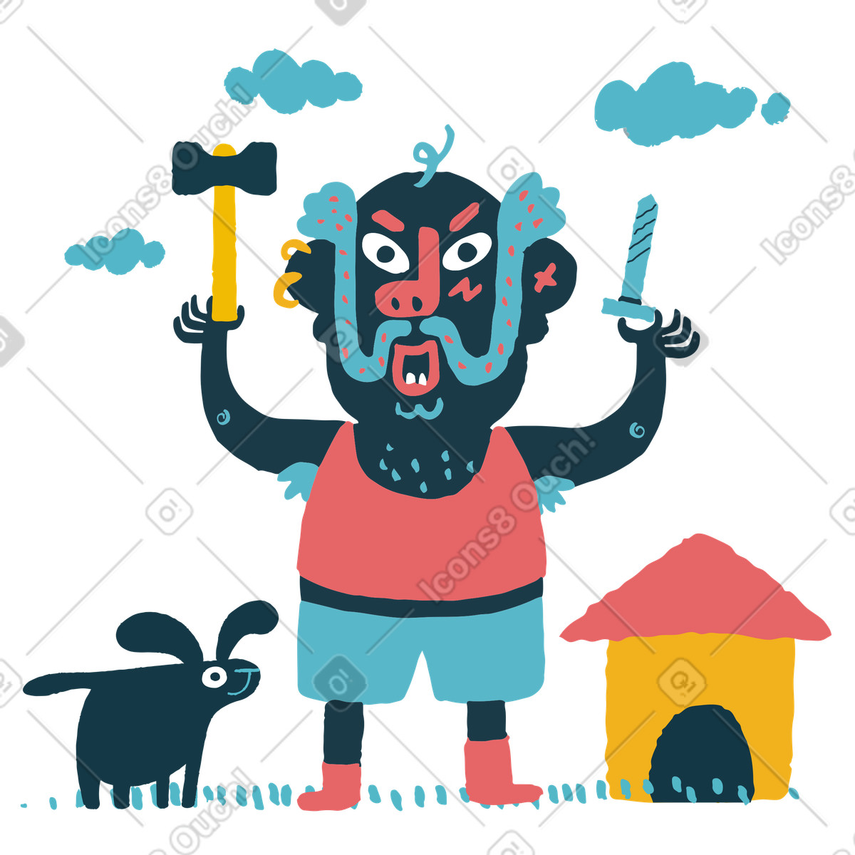 Alter mann baut eine hundehütte-Illustration im Flamenco-Stil als Download in PNG, SVG