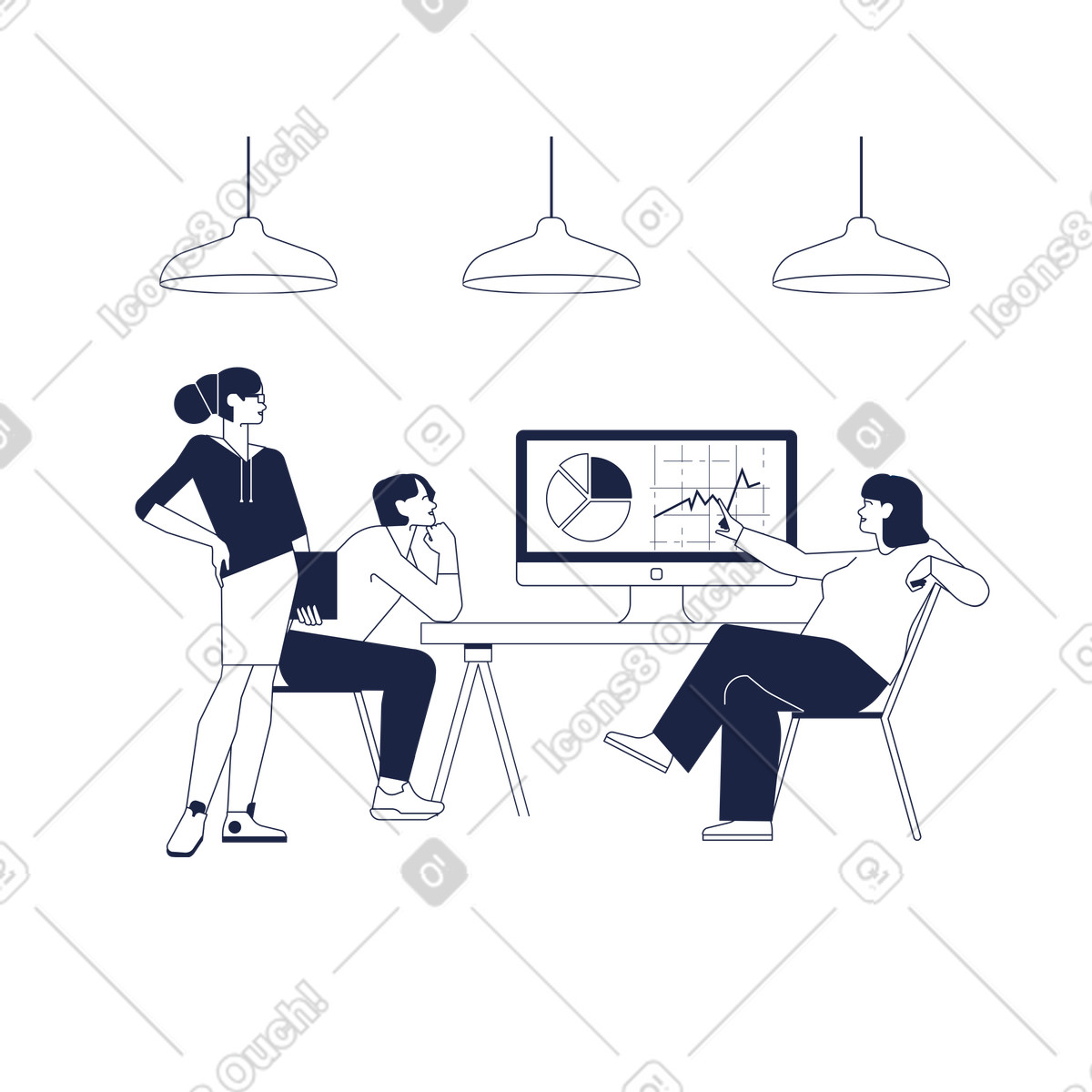 Team discussing work project illustration in Urban Line style download in PNG, SVG