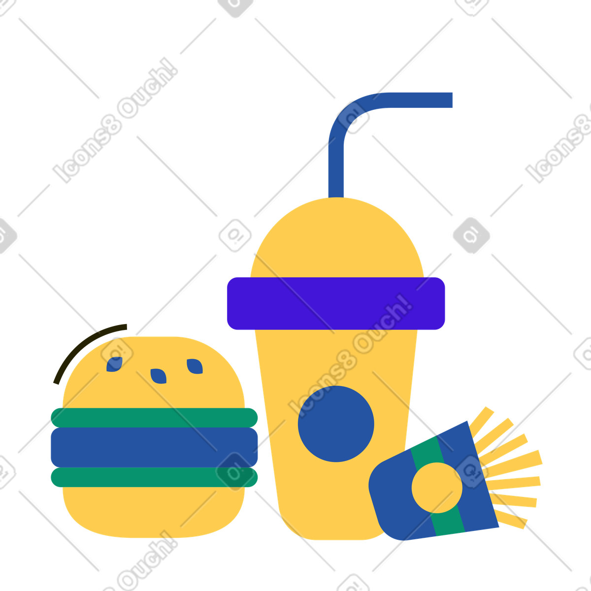 Illustration Burger fast food, frites et boisson dans le style Spot à télécharger aux formats PNG, SVG