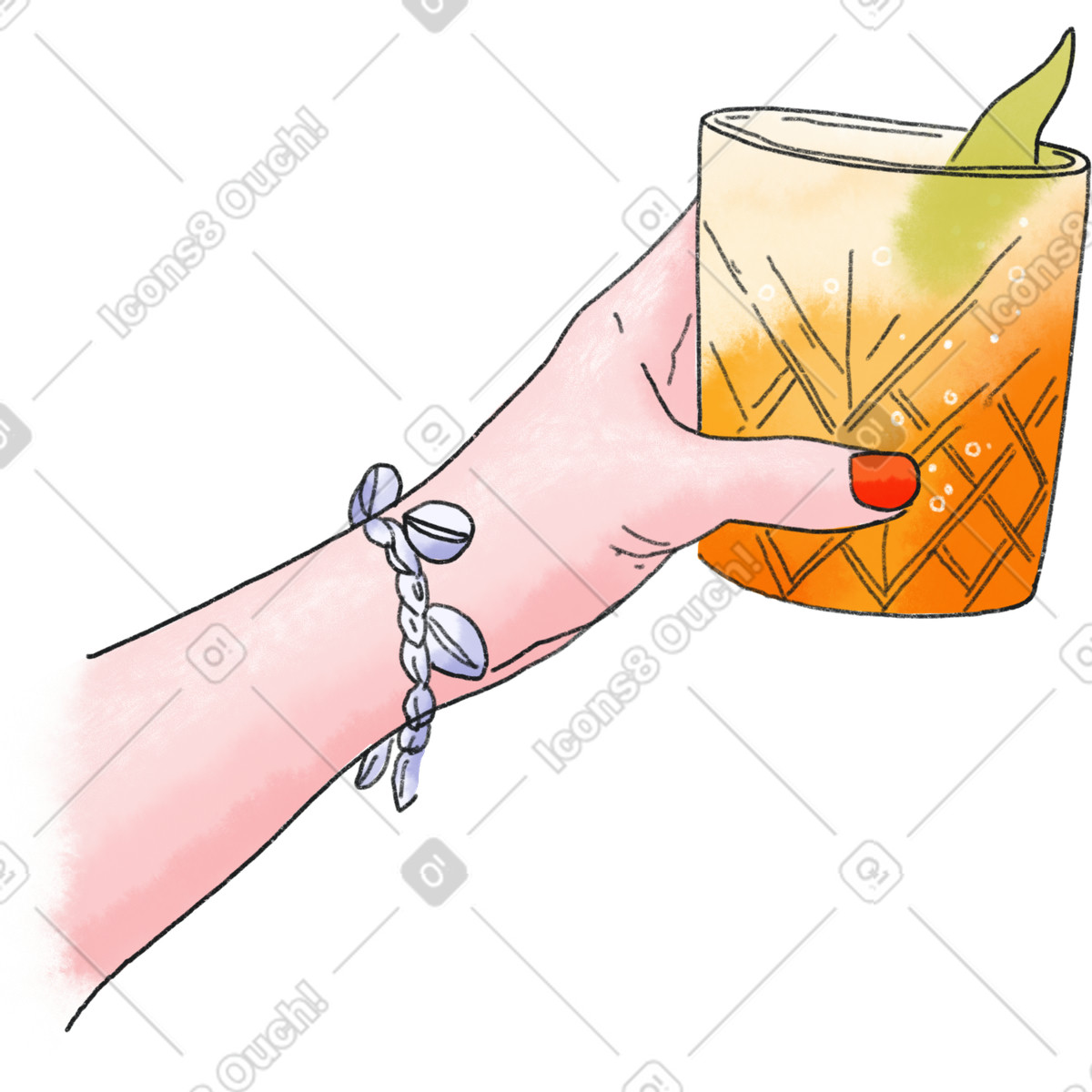 Illustration Main de femme tenant un verre avec une boisson dans le style Moments à télécharger aux formats PNG, SVG