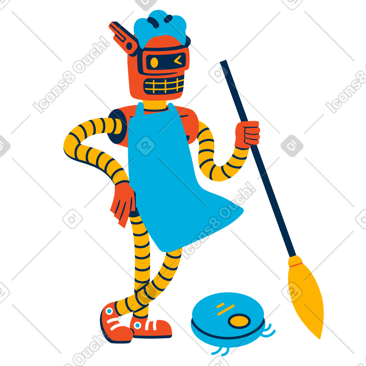 Robot housekeeper with broom and vacuum cleaner illustration in PNG, SVG