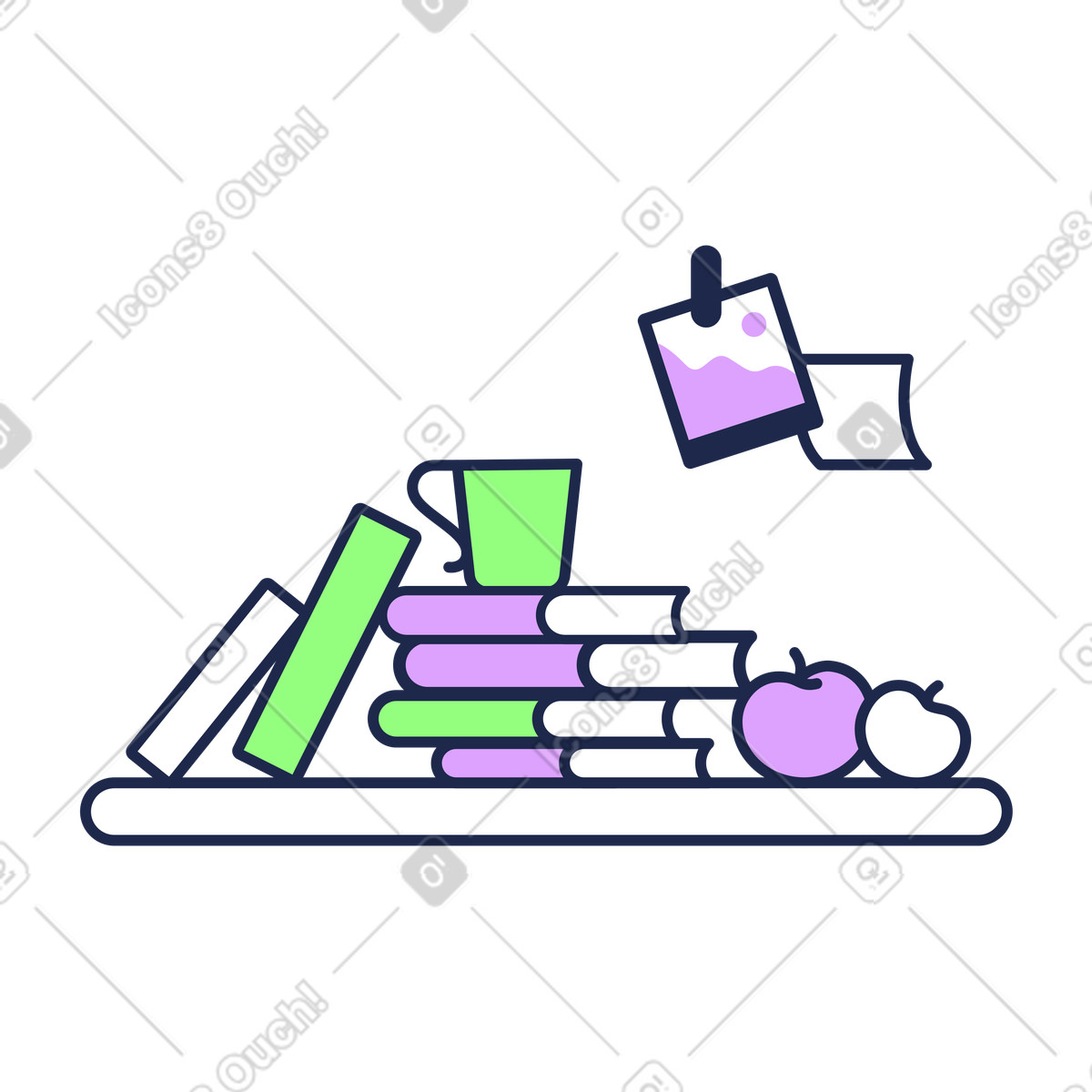 Outline スタイルの 本とリンゴが入った本棚 のイラストをPNG、SVG形式でダウンロード